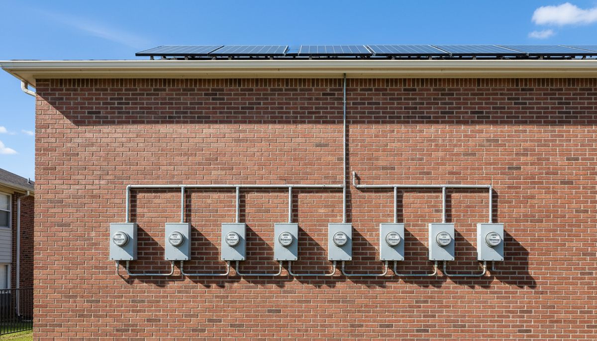 Row of electric meters on an apartment building wall below rooftop solar
