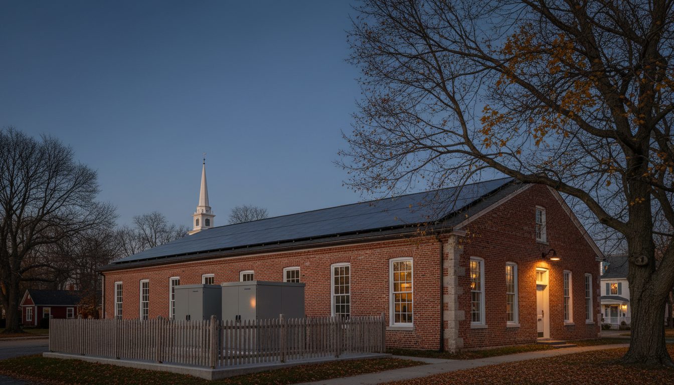 Brick commercial building in a Connecticut town center with rooftop solar and battery cabinets beside it at dusk