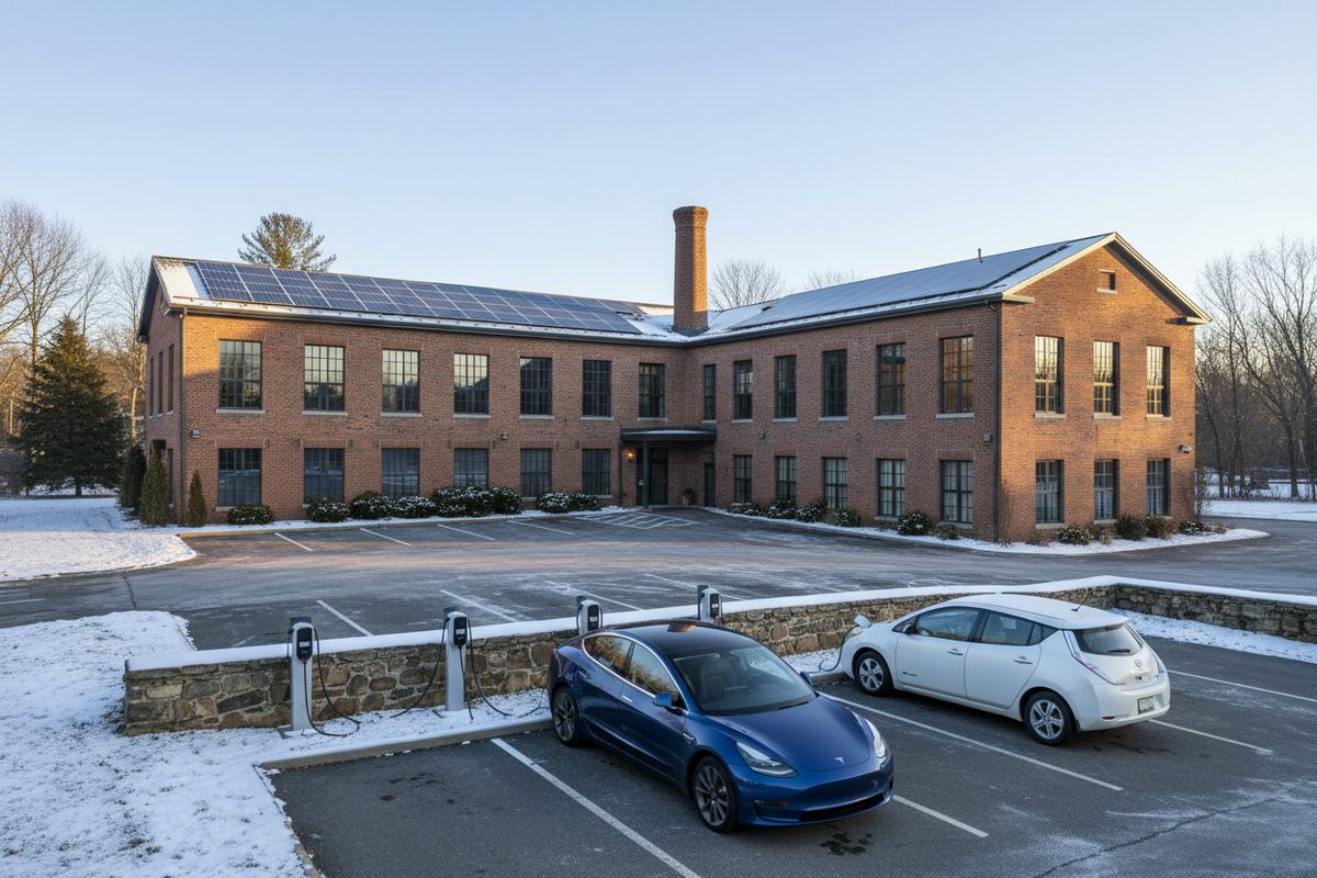 Converted brick mill apartment building in Connecticut with rooftop solar and EV chargers in a snowy parking lot