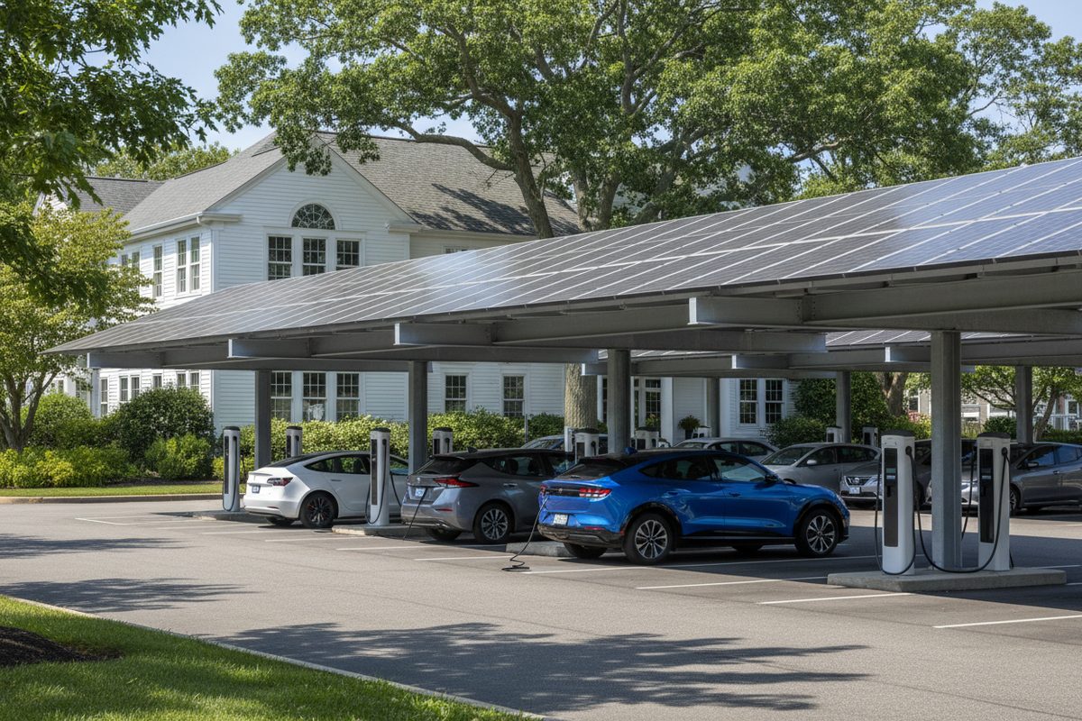 Solar carport with EV chargers over an office parking lot in coastal Connecticut