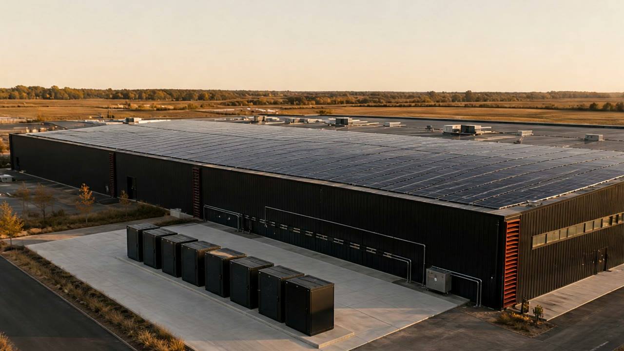 Large flat industrial rooftop with a solar array