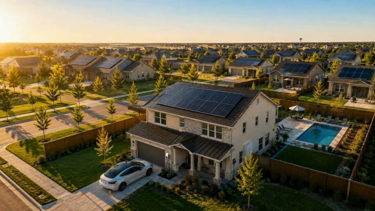 Aerial view of a solar-equipped rental community at sunset