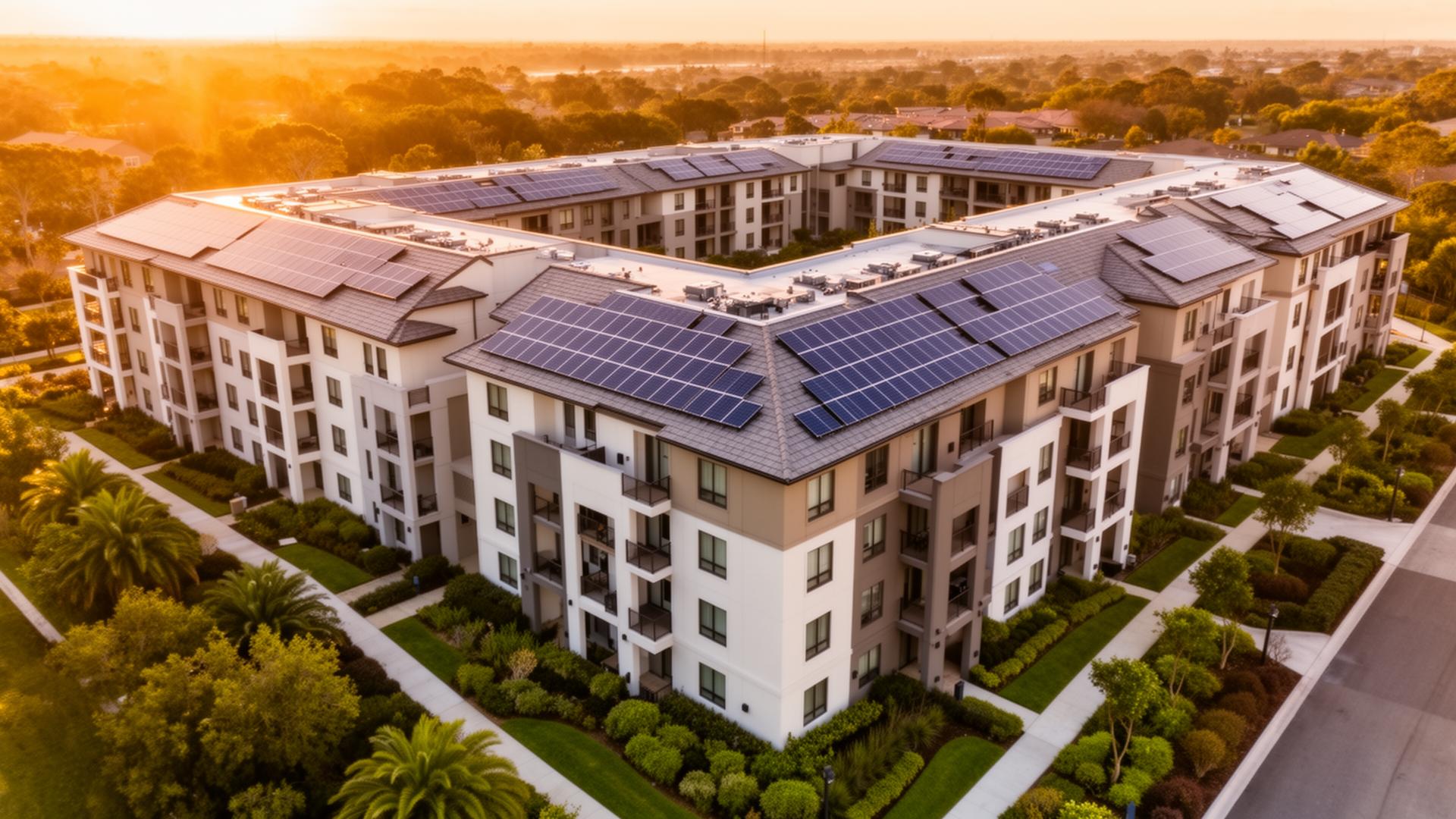 Modern multifamily apartment building with rooftop solar panels at golden hour