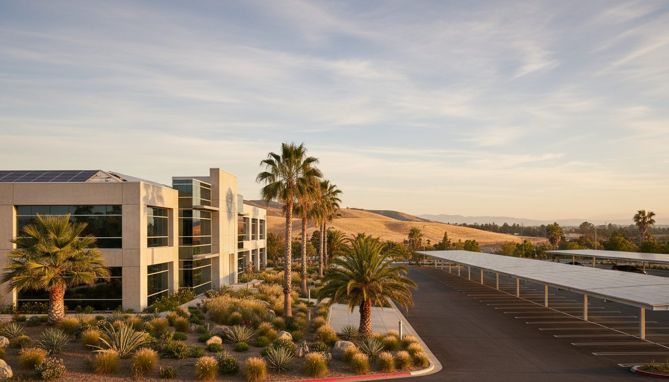 California office building with palm trees and solar carport canopies