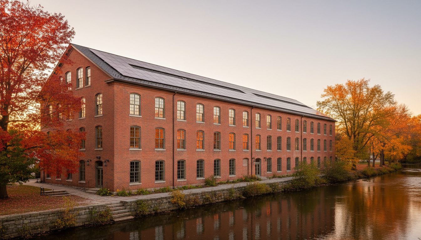 Converted brick mill building with rooftop solar beside a river in autumn