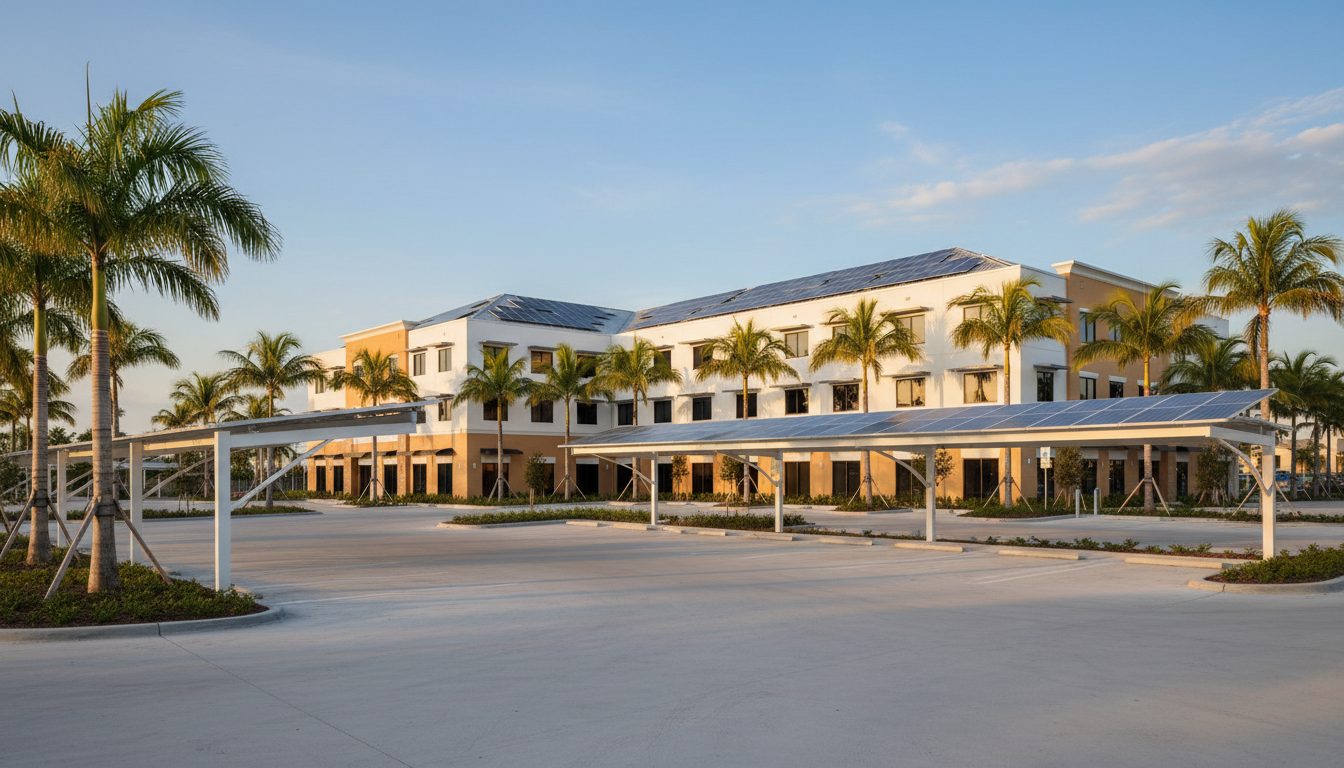 Florida commercial plaza with palm trees, rooftop solar and solar carports
