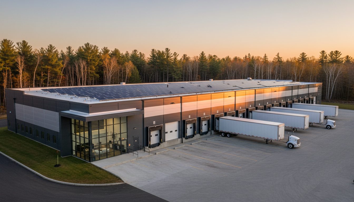 Distribution facility with a solar-covered roof and loading docks beside a pine forest