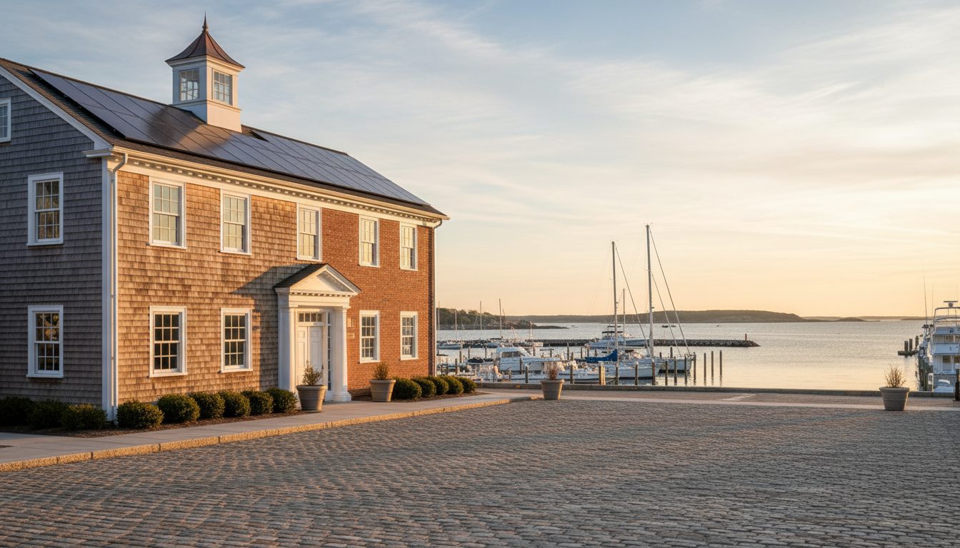 Coastal New England commercial building with rooftop solar near a marina